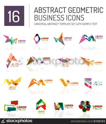 Abstract business icons. Abstract geometric business logo icon set. Colorful geometrical figure compositions with light effects - triangles circles rings arrows lines