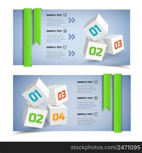 Abstract business infographic horizontal banners with white 3d cubes text icons options and ribbons vector illustration. Abstract Business Infographic Horizontal Banners
