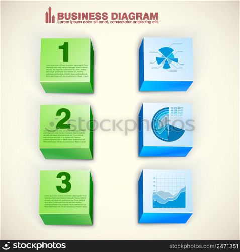 Abstract business infographics with 3d green and blue blocks three options diagram chart isolated vector illustration. Abstract Business Infographics