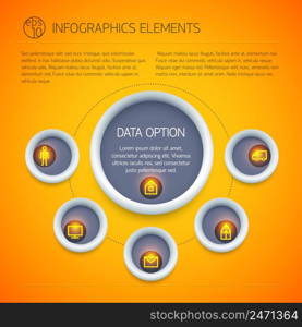 Abstract business infographics with circle diagram text icons five options on light orange background isolated vector illustration. Abstract Business Infographics