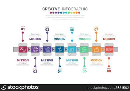 Abstract business rounded infographic template with 8 options. Colorful diagram, timeline and schedule isolated on light background.