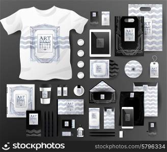 Abstract business set in Art deco style . Corporate identity templates, notebook, card, flag, T-shirt, disk, package, label, envelope, pen, Tablet PC, Mobile Phone, matches, ink, pencil, paper cup, forms, folders for documents, invitation card