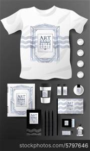 Abstract business set in Art deco style. Corporate identity templates, notebook, card, flag, T-shirt, package, matches, ink, pencil, paper cup, invitation card