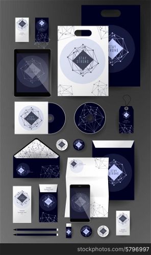 Abstract business set in cosmic polygonal style. Corporate identity templates, card, disk, package, label, envelope, pen, Tablet PC, Mobile Phone, pencil, folders for documents, invitation card