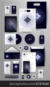 Abstract business set in cosmic polygonal style. Corporate identity templates, card, disk, package, label, envelope, pen, Tablet PC, Mobile Phone, pencil, folders for documents, invitation card