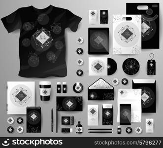 Abstract business set in cosmic polygonal style. Corporate identity templates, notebook, card, flag, T-shirt, disk, package, label, envelope, pen, Tablet PC, Mobile Phone, matches, ink, pencil, paper cup, forms, folders for documents, invitation card