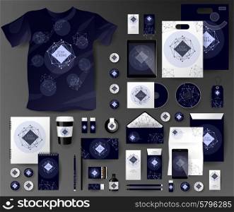 Abstract business set in cosmic polygonal style. Corporate identity templates, notebook, card, flag, T-shirt, disk, package, label, envelope, pen, Tablet PC, Mobile Phone, matches, ink, pencil, paper cup, forms, folders for documents, invitation card