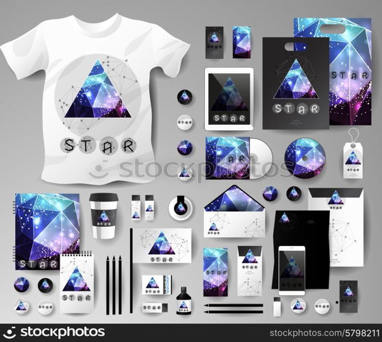 Abstract business set in cosmic polygonal style. Corporate identity templates, notebook, card, flag, T-shirt, disk, package, label, envelope, pen, Tablet PC, Mobile Phone, matches, ink, pencil, paper cup, forms, folders for documents, invitation card