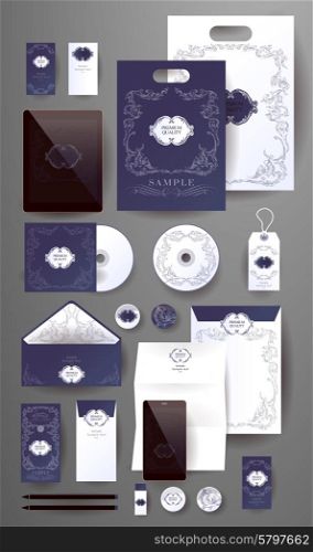 Abstract business set in decorative, vintage style. Corporate identity templates, card, disk, package, label, envelope, pen, Tablet PC, Mobile Phone, pencil, folders for documents, invitation card