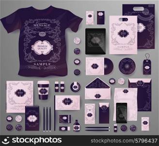 Abstract business set in decorative, vintage style. Corporate identity templates, notebook, card, flag, T-shirt, disk, package, label, envelope, pen, Tablet PC, Mobile Phone, matches, ink, pencil, paper cup, forms, folders for documents, invitation card