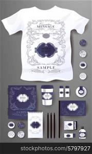 Abstract business set in decorative, vintage style. Corporate identity templates, notebook, card, flag, T-shirt, package, matches, ink, pencil, paper cup, invitation card