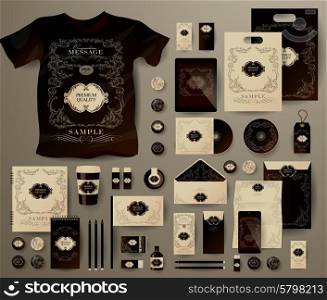 Abstract business set in decorative, vintage style. Corporate identity templates, notebook, card, flag, T-shirt, disk, package, label, envelope, pen, Tablet PC, Mobile Phone, matches, ink, pencil, paper cup, forms, folders for documents, invitation card
