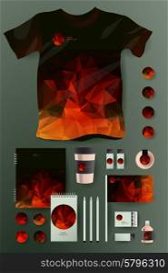 Abstract business set in polygonal style. Corporate identity templates, notebook, card, flag, T-shirt, package, matches, ink, pencil, paper cup, invitation card