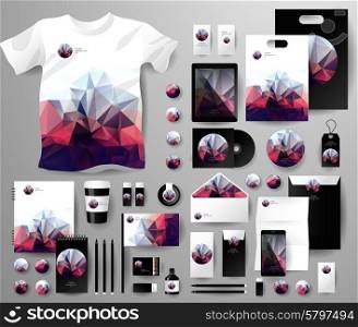 Abstract business set in polygonal style. Corporate identity templates, notebook, card, flag, T-shirt, disk, package, label, envelope, pen, Tablet PC, Mobile Phone, matches, ink, pencil, paper cup, forms, folders for documents, invitation card