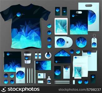 Abstract business set in polygonal style. Corporate identity templates, notebook, card, flag, T-shirt, disk, package, label, envelope, pen, Tablet PC, Mobile Phone, matches, ink, pencil, paper cup, forms, folders for documents, invitation card