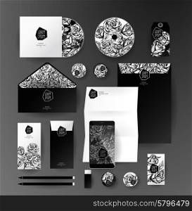 Abstract business set with flowers. Corporate identity templates, card, disk, package, label, envelope, pen, Tablet PC, Mobile Phone, pencil, folders for documents, invitation card