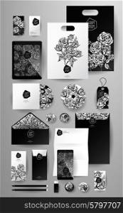 Abstract business set with flowers. Corporate identity templates, card, disk, package, label, envelope, pen, Tablet PC, Mobile Phone, pencil, folders for documents, invitation card