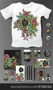 Abstract business set with flowers. Corporate identity templates, notebook, card, flag, T-shirt, package, matches, ink, pencil, paper cup, invitation card