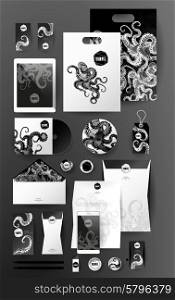 Abstract business set with octopus. Corporate identity templates, card, disk, package, label, envelope, pen, Tablet PC, Mobile Phone, pencil, folders for documents, invitation card