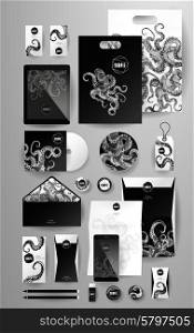 Abstract business set with octopus. Corporate identity templates, card, disk, package, label, envelope, pen, Tablet PC, Mobile Phone, pencil, folders for documents, invitation card