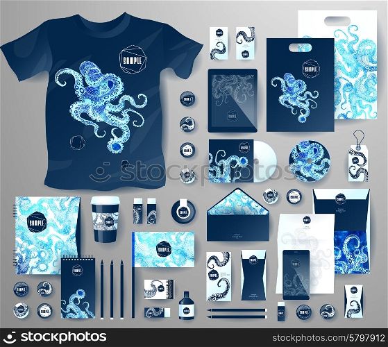 Abstract business set with octopus. Corporate identity templates for seafood, with notebook, card, flag, T-shirt, disk, package, label, envelope, pen, Tablet PC, Mobile Phone, matches, ink, pencil, paper cup, forms, folders for documents, invitation card