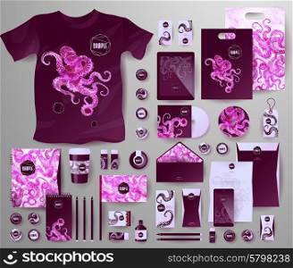 Abstract business set with octopus. Corporate identity templates for seafood, with notebook, card, flag, T-shirt, disk, package, label, envelope, pen, Tablet PC, Mobile Phone, matches, ink, pencil, paper cup, forms, folders for documents, invitation card