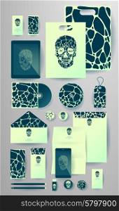 Abstract business set with skull and bubble. Corporate identity templates, card, disk, package, label, envelope, pen, Tablet PC, Mobile Phone, pencil, folders for documents, invitation card