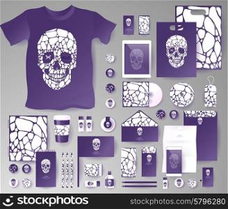 Abstract business set with skull and bubble . Corporate identity templates, notebook, card, flag, T-shirt, disk, package, label, envelope, pen, Tablet PC, Mobile Phone, matches, ink, pencil, paper cup, forms, folders for documents, invitation card