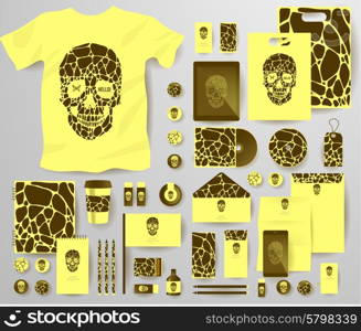 Abstract business set with skull and bubble . Corporate identity templates, notebook, card, flag, T-shirt, disk, package, label, envelope, pen, Tablet PC, Mobile Phone, matches, ink, pencil, paper cup, forms, folders for documents, invitation card