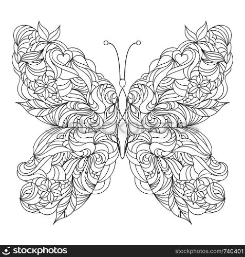 Abstract butterfly on white background.Coloring page for adult.Vector illustration.. Abstract butterfly on white background