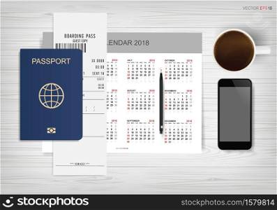 Abstract calendar background with passport and coffee cup on wood. Background for tourism and traveling idea. Vector illustration.