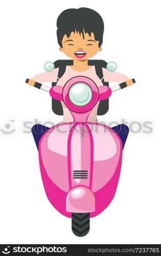 Abstract cartoon girl riding scooter, motorbike illustration on white background.