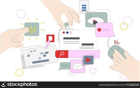 Abstract cartoon male hands use internet files concept vector flat illustration. Colorful doodle arms using modern digital device on futuristic computer desk isolated on white background. Abstract cartoon male hands use internet files concept vector flat illustration