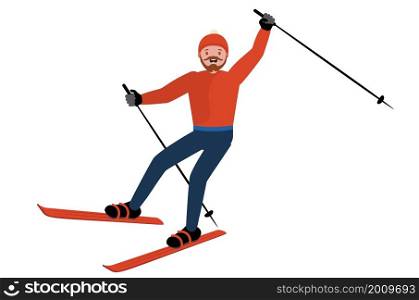 Abstract cartoon man riding on ski, winter activity illustration.