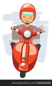 Abstract cartoon man riding red scooter, delivery man illustration on white background.