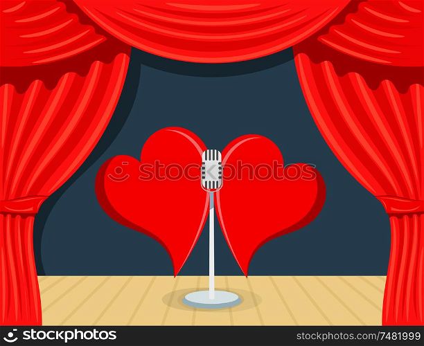Abstract Cartoon Theater with red backstage, singing microphone and two hearts. The concept of Valentine&rsquo;s Day. Stock vector illustration