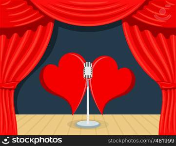 Abstract Cartoon Theater with red backstage, singing microphone and two hearts. The concept of Valentine&rsquo;s Day. Stock vector illustration
