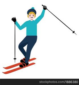 Abstract cartoon woman riding on ski, winter activity illustration.