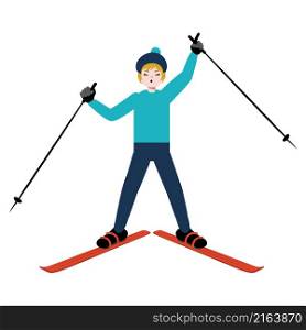 Abstract cartoon woman riding on ski, winter activity illustration.