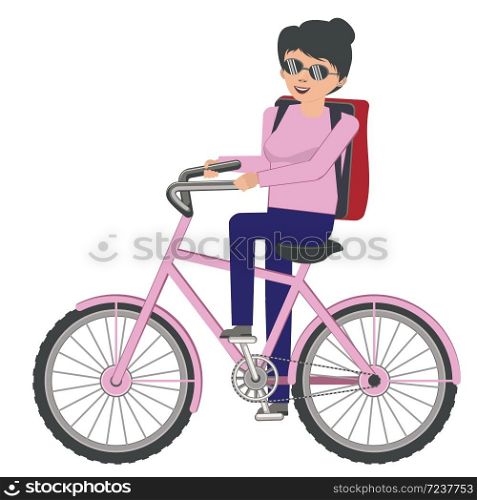 Abstract cartoon woman with backpack riding bicycle illustration.