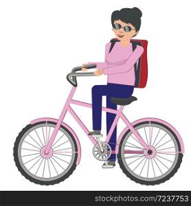 Abstract cartoon woman with backpack riding bicycle illustration.