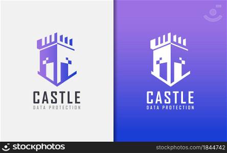 Abstract Castle Logo with Digital Data Shape and Shield Emblem Combination Concept. Graphic Design Element.