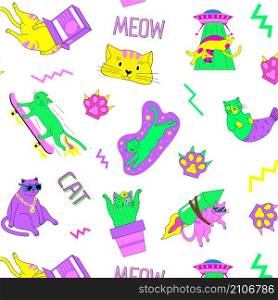 Abstract cat pattern. Seamless print with cute doodle kitty on skate with UFO and space rocket. Bright mermaid and cactus kitten. Colorful background with 90s stickers and badges. Vector pet texture. Abstract cat pattern. Seamless print with doodle kitty on skate with UFO and space rocket. Mermaid and cactus kitten. Colorful background with 90s stickers and badges. Vector pet texture