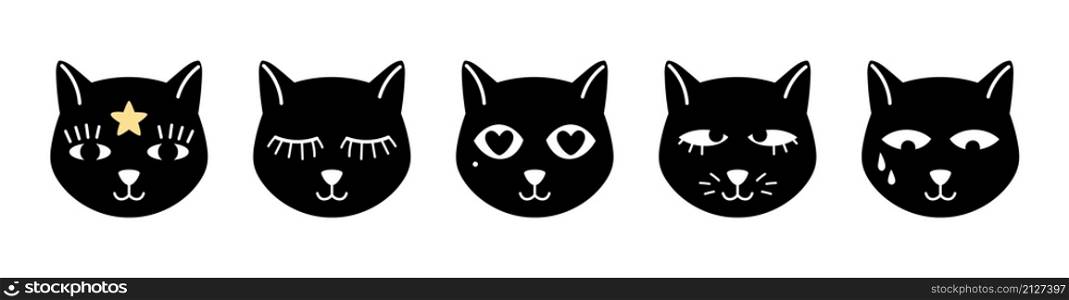 Abstract cats faces. Magic black kitten, occult pets with diverse eyes vector set. Abstract cats faces