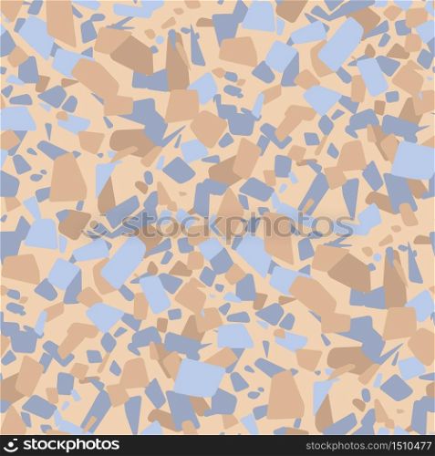 Abstract chaotic mosaic geometric forms pattern. Seamless rapport, tileable motif, repeatable pattern in light warm baige and cold blue colors.