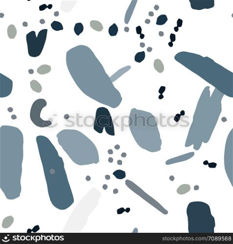 Abstract chaotic shapes and elements seamless pattern on white background. Pastel colors. Creative scandinavian wallpaper. Texture for textile, postcard, wrapping paper, packaging. Vector illustration. Abstract chaotic shapes and elements seamless pattern.