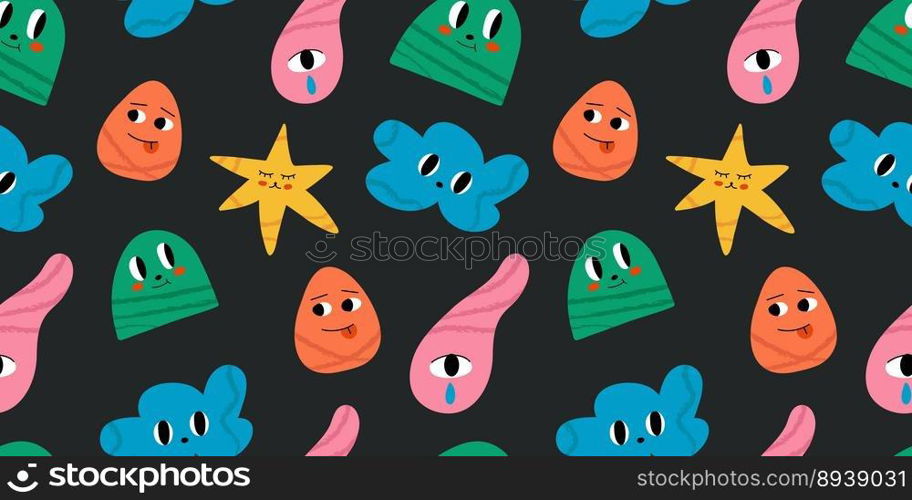 Abstract characters, various bright doodle shapes. Different figures on black backgorund. Vector seamless Pattern. Background, wallpaper, Wrapping, textile template