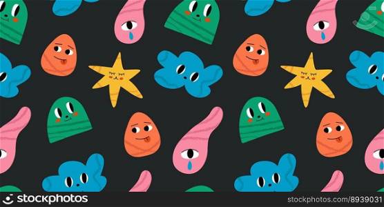 Abstract characters, various bright doodle shapes. Different figures on black backgorund. Vector seamless Pattern. Background, wallpaper, Wrapping, textile template