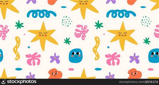 Abstract characters, various bright doodle shapes. Different figures. Vector seamless Patterns. Background, wallpaper, Wrapping, textile template