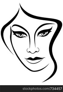 Abstract charming and sensual woman looking down, black vector hand drawing on the white background